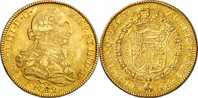 1782. Carlos III. México. FF. 8 escudos. (AC. 2013) (Cal.Onza 777). Ceca y ensayador invertidos. Mínimas rayitas. Precioso color. 26,86 g. MBC+.