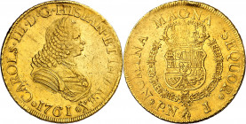 1761. Carlos III. Popayán. J. 8 escudos. (AC. 2027) (Cal.Onza 791) (Restrepo 70-4). Busto de Fernando VI. Golpecitos. Parte de brillo original. Rara. ...