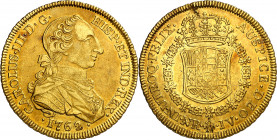 1762. Carlos III. Santa Fe de Nuevo Reino. JV. 8 escudos. (AC. 2079) (Cal.Onza 846) (Restrepo 71-1a). Primer año del tipo "cara de rata". Insignifican...