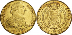 1772. Carlos III. Sevilla. CF. 8 escudos. (AC. 2180) (Cal.Onza 954). Sin punto entre los ensayadores. Golpecitos. Escasa. 26,90 g. EBC-/EBC.