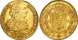 1784. Carlos III. Sevilla. C. 8 escudos. (AC. 2189) (Cal.Onza 964, indica "rarísima"). Bonito color. Sólo hemos tenido tres ejemplares. 26,80 g. MBC+/...