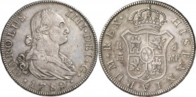 1789. Carlos IV. Madrid. MF. 8 reales. (AC. 929). Leves marquitas. Bonita pátina. Muy rara, sólo hemos tenido este ejemplar. 26,78 g. MBC+.