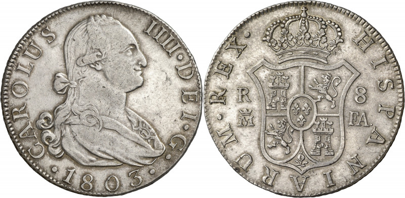 1803. Carlos IV. Madrid. FA. 8 reales. (AC. 941). Atractiva. Muy escasa así. 26,...