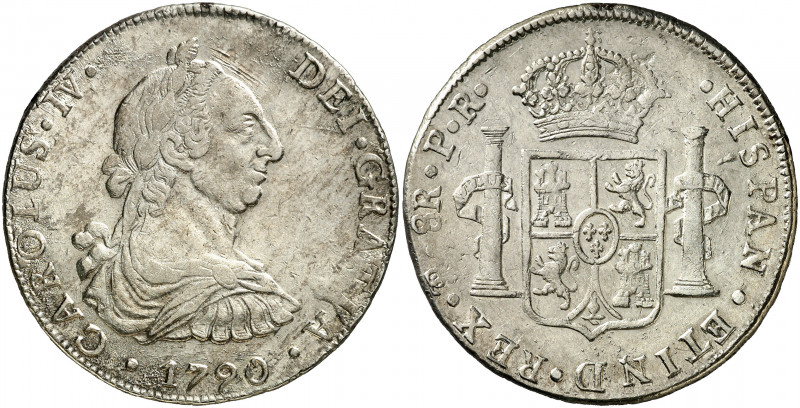 1790. Carlos IV. Potosí. PR. 8 reales. (AC. 990). Busto de Carlos III. Ordinal I...