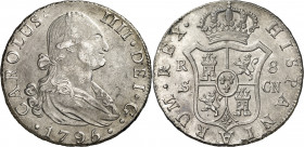 1795. Carlos IV. Sevilla. CN. 8 reales. (AC. 1057). Leves marquitas. Buen ejemplar. Escasa. 26,85 g. MBC+/EBC-.