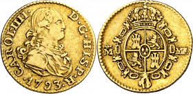 1793. Carlos IV. Madrid. MF. 1/2 escudo. (AC. 1072). Ex Colección Godoy, Áureo 30/03/2004, nº 296. Ex Áureo 16/12/2004, nº 871. Rara. 1,73 g. MBC-/MBC...
