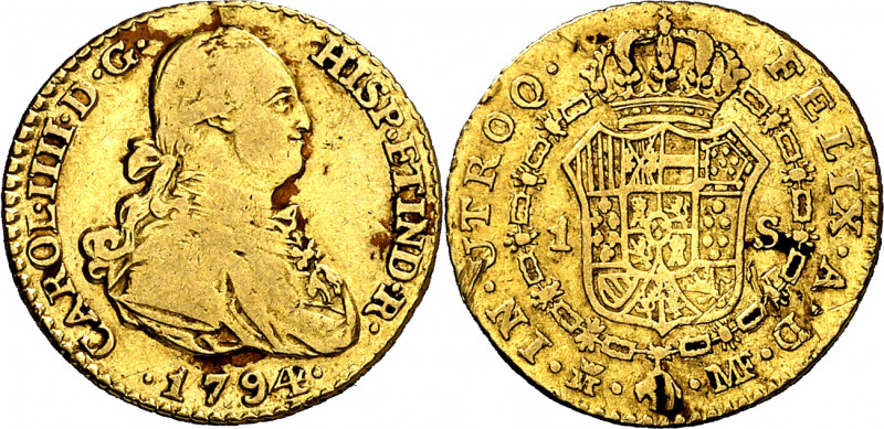 1794. Carlos IV. Madrid. MF. 1 escudo. (AC. 1111). Golpecitos. 3,31 g. MBC-.