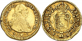 1807. Carlos IV. Popayán. JF. 1 escudo. (AC. 1170) (Restrepo 85-38). Defecto en canto. 3,35 g. MBC-/MBC.