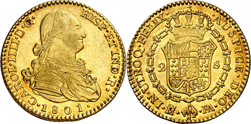 1801. Carlos IV. Madrid. FA. 2 escudos. (AC. 1303). Bella. Parte de brillo origi...
