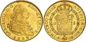 1793. Carlos IV. Sevilla. CN. 2 escudos. (AC. 1429). Rayitas y golpecitos. Parte de brillo original. 6,73 g. MBC+/EBC-.
