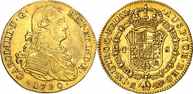 1790. Carlos IV. Madrid. MF. 4 escudos. (AC. 1473). Golpecito en canto. Parte de brillo original. Buen ejemplar. 13,43 g. MBC+/EBC-.