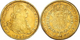 1797. Carlos IV. México. FM. 4 escudos. (AC. 1492). Rayitas. Bonito color. Rara. 13,41 g. MBC.