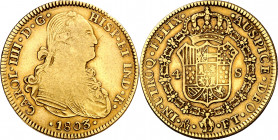 1803/2. Carlos IV. México. FT. 4 escudos. (AC. 1500 var) (AC.pdf 1499.1). Acuñación floja. Pátina atractiva. Rara. 13,36 g. MBC-/MBC.