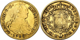 1798. Carlos IV. Potosí. PP. 4 escudos. (AC. 1529). Muy rara. Sólo hemos tenido otros tres ejemplares. 13,32 g. BC+/MBC-.