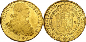 1792. Carlos IV. México. FM. 8 escudos. (AC. 1631). (Cal.Onza 1020). Leves rayitas. Acuñación floja. Precioso color. 26,98 g. MBC+/EBC-.