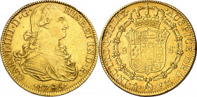 1795. Carlos IV. México. FM. 8 escudos. (AC. 1634) (Cal.Onza 1025). Golpecitos en canto. 26,94 g. MBC/MBC+.