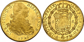 1798. Carlos IV. México. FM. 8 escudos. (AC. 1639) (Cal.Onza 1030). Leves rayitas. Golpecito en canto. Acuñación floja. Parte de brillo original. 26,9...