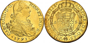1791. Carlos IV. Popayán. SF. 8 escudos. (AC. 1661) (Cal.Onza 1050) (Restrepo 96-6). Primer año de busto propio. Golpecitos y rayitas, pero muy bella....