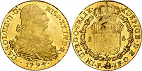 1794. Carlos IV. Popayán. JF. 8 escudos. (AC. 1665) (Cal.Onza 1056) (Restrepo 98-8). Canto rehecho, lo que explicaría su peso. Mínima grieta. Parte de...
