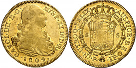 1804. Carlos IV. Popayán. JF. 8 escudos. (AC. 1679) (Cal.Onza 1067) (Restrepo 98-27a). El 4 de la fecha acuñado sobre otro 4. Leves hojitas. Gran part...