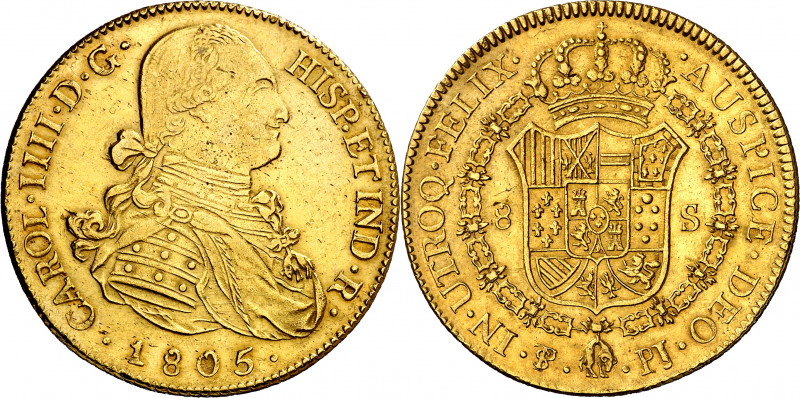 1805. Carlos IV. Potosí. PJ. 8 escudos. (AC. 1711) (Cal.Onza 1104). Golpecitos. ...