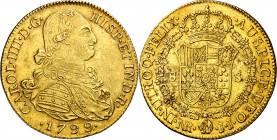 1799. Carlos IV. Santa Fe de Nuevo Reino. JJ. 8 escudos. (AC. 1733) (Cal.Onza 1132) (Restrepo 97-20). Insignificantes hojitas en reverso. Bella. Brill...