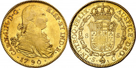 1790. Carlos IV. Sevilla. C. 8 escudos. (AC. 1783) (Cal.Onza 1186). Acuñación algo floja. Gran parte de brillo original. Muy rara, sólo hemos tenido s...