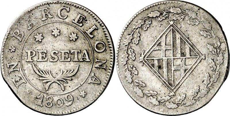 1809. Catalunya Napoleónica. Barcelona. 1 peseta. (AC. 32). Defecto en borde. Es...