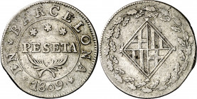 1809. Catalunya Napoleónica. Barcelona. 1 peseta. (AC. 32). Defecto en borde. Escasa. 5,58 g. MBC/MBC+.