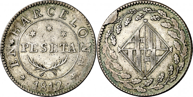 1812. Catalunya Napoleónica. Barcelona. 1 peseta. (AC. 36). Exceso de plata en r...