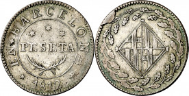 1812. Catalunya Napoleónica. Barcelona. 1 peseta. (AC. 36). Exceso de plata en reverso. Muy escasa. 5,56 g. MBC.