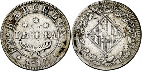 1813. Catalunya Napoleónica. Barcelona. 1 peseta. (AC. 37). Impurezas. Escasa. 5,44 g. MBC-.