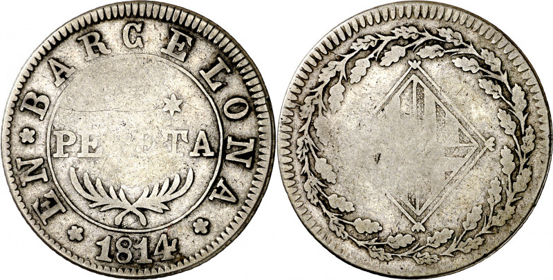 1814. Catalunya Napoleónica. Barcelona. 1 peseta. (AC. 39). Rara. 5,25 g. BC.