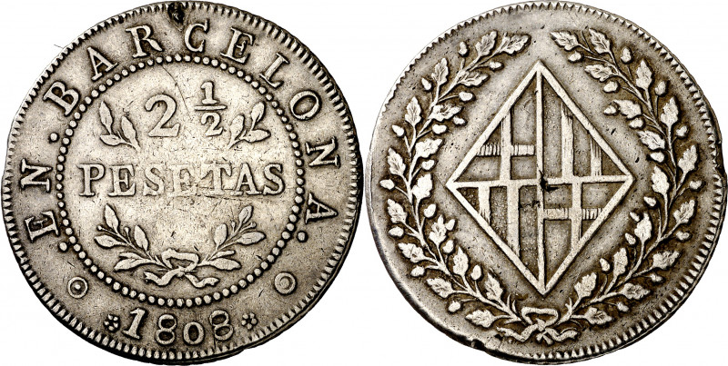 1808. Catalunya Napoleónica. Barcelona. 2 1/2 pesetas. (AC. 40). Sirvió como joy...