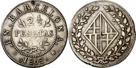 1808. Catalunya Napoleónica. Barcelona. 2 1/2 pesetas. (AC. 40). Sirvió como joya. Escasa. 13,40 g. (MBC-/MBC).