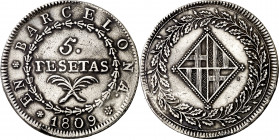 1809. Catalunya Napoleónica. Barcelona. 5 pesetas. (AC. 45). Rayitas. Escasa. 26,92 g. MBC-.