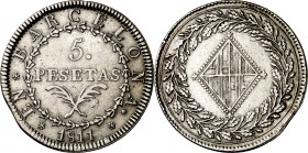 1811. Catalunya Napoleónica. Barcelona. 5 pesetas. (AC. 50). 22 rosetas. Distinta C en BARCELONA. Golpes en canto. Muy escasa. 26,63 g. MBC-/MBC.
