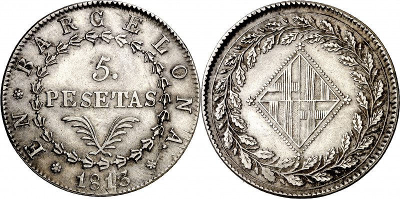 1813. Catalunya Napoleónica. Barcelona. 5 pesetas. (AC. 52). Defecto de acuñació...