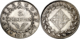 1813. Catalunya Napoleónica. Barcelona. 5 pesetas. (AC. 52). Defecto de acuñación en anverso. Buen ejemplar. Rara. 26,75 g. MBC+.