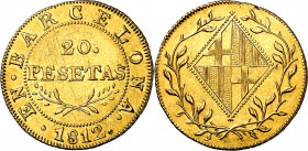 1812. Catalunya Napoleónica. Barcelona. 20 pesetas. (AC. 54). Leves rayitas de acuñación. Brillo original. Escasa. 6,75 g. EBC.