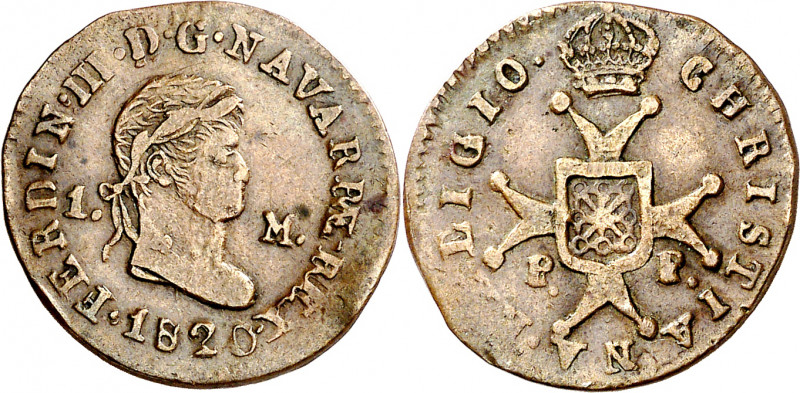 1820. Fernando VII. Pamplona. 1 maravedí. (AC. 35). Busto laureado. Rara. 2,02 g...