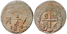 1820. Fernando VII. Santa Marta. 1/4 de real. (AC. 119) (Restrepo 104-1). Atractiva. Escasa así. CU. 1,79 g. MBC+.