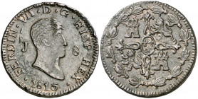 1815. Fernando VII. Jubia. 8 maravedís. (AC. 193). HISP HEX. Variante de busto. Posiblemente el mejor ejemplar conocido de este raro error. 10,72 g. M...