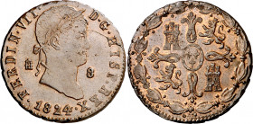1824. Fernando VII. Segovia. 8 maravedís. (AC. 224). Leves impurezas. Escasa así. 11,78 g. EBC-/EBC.