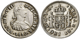 1810. Fernando VII. México. TH. 1/2 real. (AC. 391). Busto imaginario. Buen ejemplar. Ex Áureo & Calicó 07/07/2015, nº 361. 1,66 g. MBC+.
