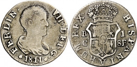 1811. Fernando VII. Catalunya (Tarragona o Mallorca). SF. 1 real. (AC. 510). Busto desnudo. Rayitas. Muy rara. 2,91 g. MBC-.