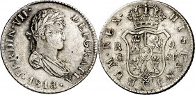 1813. Fernando VII. Catalunya (Mallorca). SF. 2 reales. (AC. 768). Lazo recto. Buen ejemplar. Rara y más así. 5,79 g. MBC+.