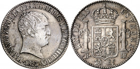 1823. Fernando VII. Barcelona. SP. 20 reales. (AC. 1146). Tipo "cabezón". Impurezas. Rara. 26,73 g. MBC/MBC+.