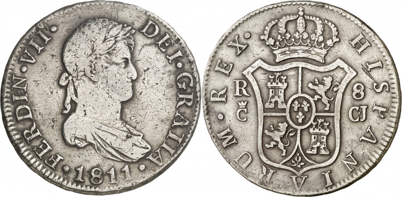 1811. Fernando VII. Cádiz. CJ. 8 reales. (AC. 1150). Muy rara. 26,22 g. BC+/MBC-...