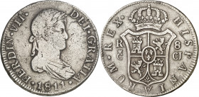 1811. Fernando VII. Cádiz. CJ. 8 reales. (AC. 1150). Muy rara. 26,22 g. BC+/MBC-.